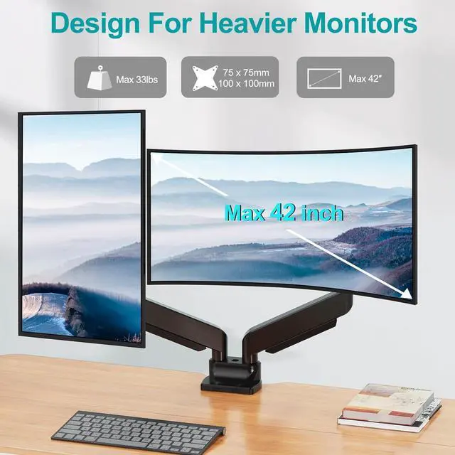 Alt view image 4 of 7 - MOUNT PRO Dual Monitor Stand Fits Max 42 Inch Computer Screen, Heavy Duty Premium Monitor Mount for 2 Monitors, Each Arm Holds up to 33lbs, Ultrawide 2 Monitor Desk Mount, VESA Mount 75x75mm/100x100mm