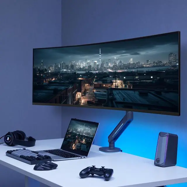 Alt view image 2 of 7 - AVLT Single 27-45 RGB Gaming Monitor Arm Desk Mount Built-in 20 Lighting Modes Touch Button Control Fits Flat/Curved/Ultrawide Screens Height Swivel Tilt Rotation Adjustable Stand -Dark Gray
