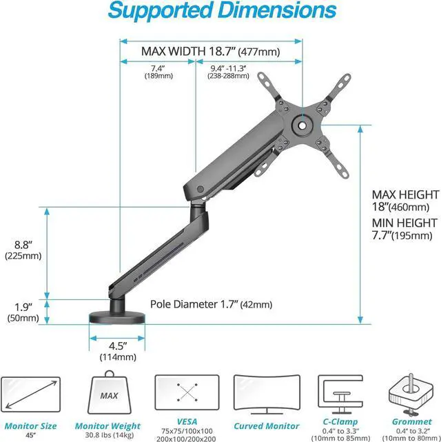 Alt view image 4 of 7 - AVLT Single 27-45 RGB Gaming Monitor Arm Desk Mount Built-in 20 Lighting Modes Touch Button Control Fits Flat/Curved/Ultrawide Screens Height Swivel Tilt Rotation Adjustable Stand -Dark Gray