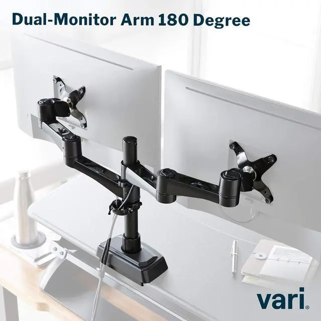 Alt view image 3 of 6 - Vari Dual Monitor Arm 180 Degree - VESA Monitor Mount w/ 180 Degree Adjustment - Monitors up to 27 inches, 19.8 lbs - Double Monitor Arms for Compact Spaces - Computer Monitor Stand for Home or Office