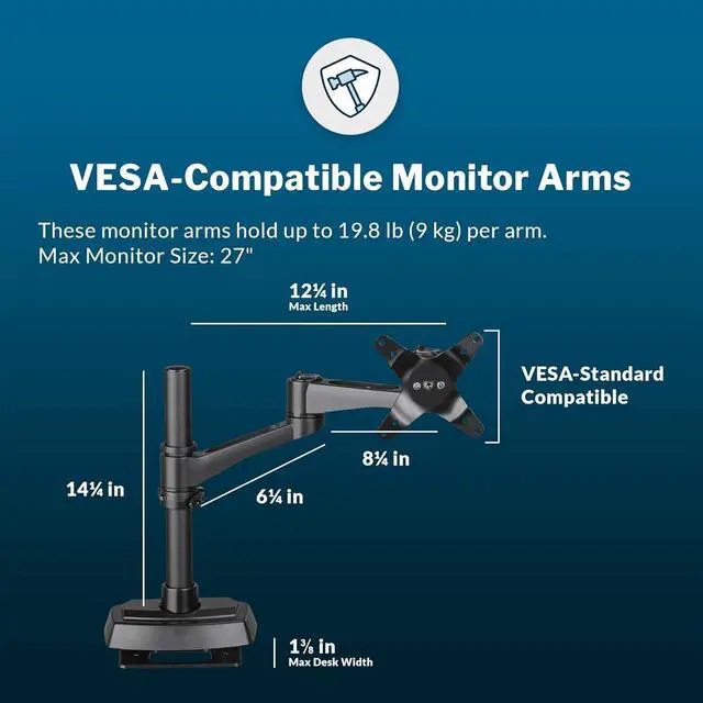 Alt view image 4 of 6 - Vari Dual Monitor Arm 180 Degree - VESA Monitor Mount w/ 180 Degree Adjustment - Monitors up to 27 inches, 19.8 lbs - Double Monitor Arms for Compact Spaces - Computer Monitor Stand for Home or Office