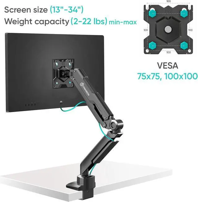 Alt view image 5 of 7 - ONKRON Single Monitor Desk Mount for 13-34 Inch Screens, Up to 22 lbs, PC Monitor Arm, Gas Spring, 75x75 & 100x100 VESA, Full Motion, Black