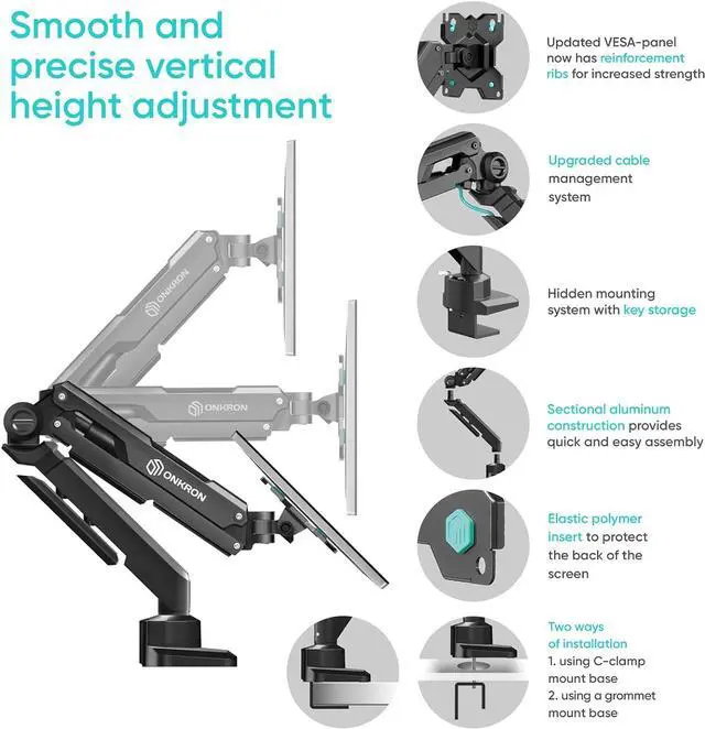Alt view image 7 of 7 - ONKRON Single Monitor Desk Mount for 13-34 Inch Screens, Up to 22 lbs, PC Monitor Arm, Gas Spring, 75x75 & 100x100 VESA, Full Motion, Black