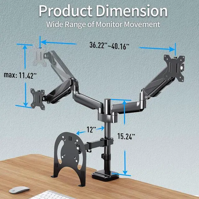 Alt view image 4 of 7 - MOUNTUP Dual Monitor and Laptop Mount, Gas Spring Monitor Stand for 2 Max 27" Computer Screens, Laptop Tray Fits 10-17inch Notebook, Holds 4.4-17.6lbs Per Arm, 3-in-1 Adjustable Monitor Desk Mount