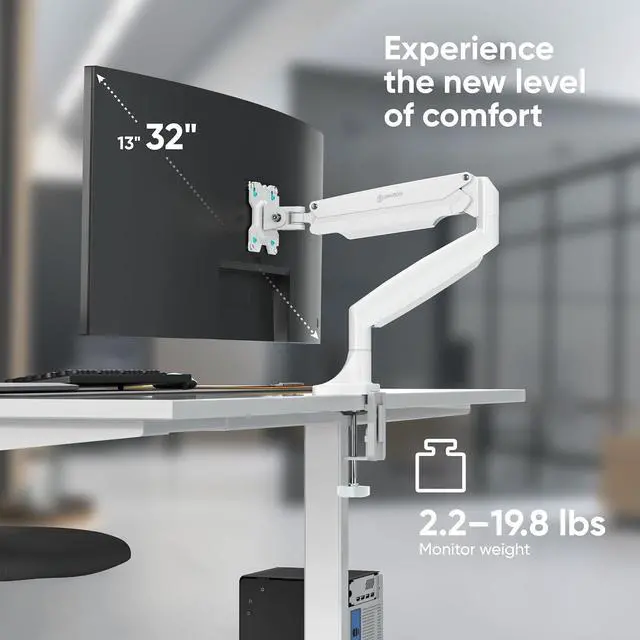 Alt view image 3 of 7 - ONKRON Single Monitor Mount for 13-32 Inch Screen up to 19.8 lbs, Gas Spring Monitor Arm VESA 75x75 & 100x100, Adjustable Computer Screen Mount for Desk with Swivel, Tilt, Rotation White