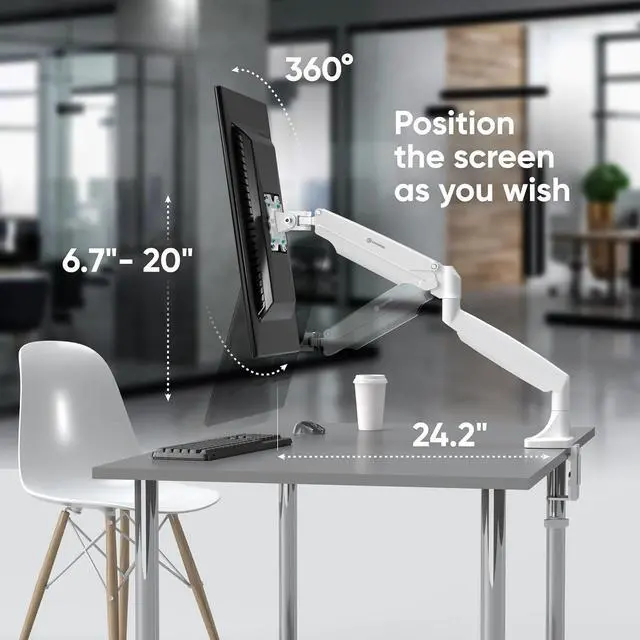 Alt view image 6 of 7 - ONKRON Single Monitor Mount for 13-32 Inch Screen up to 19.8 lbs, Gas Spring Monitor Arm VESA 75x75 & 100x100, Adjustable Computer Screen Mount for Desk with Swivel, Tilt, Rotation White