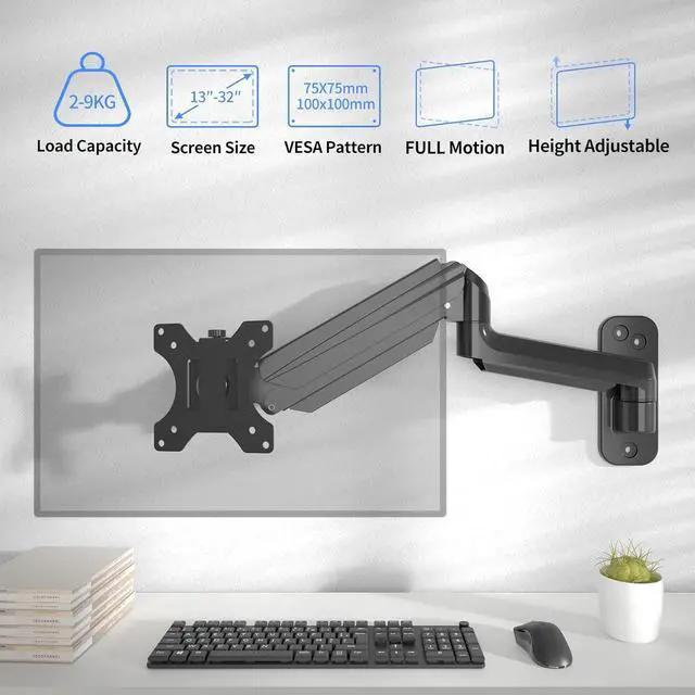Alt view image 4 of 7 - suptek Single Monitor Wall Mount for 17 to 32 Inch Screens, Gas Spring Monitor Arm Wall Mount Holds Up to 17.6lbs, Full Motion Adjustable,VESA Mount 75x75, 100x100(WM01A)