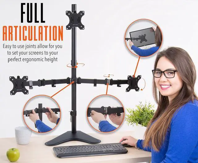 Alt view image 4 of 7 - Stand Steady Triple Monitor Desk Stand with Tabletop Base, for Home or Office Use, Height Adjustable Computer Monitor Stand with Full Articulation VESA Mounts, Fits Most LCD/LED Monitors 13-32 Inches