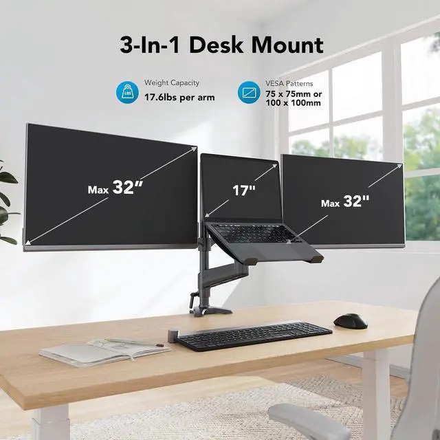 Alt view image 2 of 7 - HUANUO Dual Monitor and Laptop Mount for Max 32 Monitor and 17 Laptop, Adjustable Spring Arm with Tilt, Swivel and Rotation, Dual Monitor and Notebook Stand with VESA Bracket 75/100 mm
