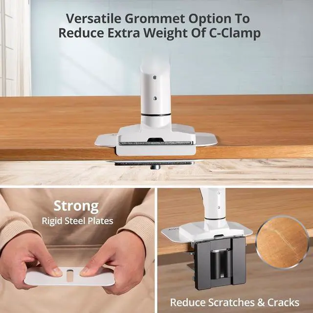 Alt view image 7 of 7 - AVLT Adjustable Reinforcement Plate Bracket Mount for Fragile Tabletop - Supports Monitor Stand with C Clamp Or Grommet Installation - White