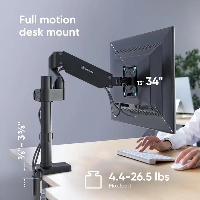 Alt view image 2 of 7 - ONKRON Single Monitor Arm for 13-34 Inch Monitor, Gas Spring Monitor Arm Single up to 26.5 lbs - Desk Monitor Mount VESA 75x75-100x100 / Tilt -90°/+45° Swivel 180° Rotation 360° G75-B Black