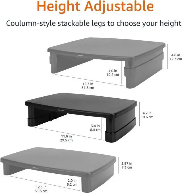 Alt view image 5 of 7 - Basics Rectangular Adjustable Computer Monitor Riser Desk Stand for Reduced Neck Strain - Fits Monitors, Laptops Up to 22lbs, Black