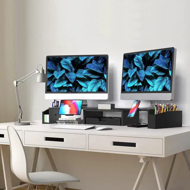 Alt view image 5 of 5 - Simple Houseware Desk Dual Monitor Stand Riser with Drawer, Black