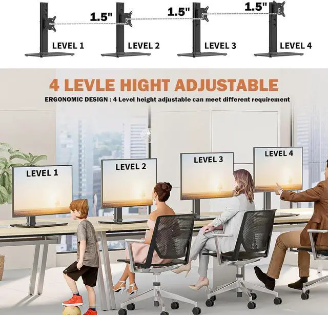 Alt view image 4 of 7 - Single LCD Computer Monitor Free-Standing Desk Stand Mount Riser for 13 inch to 32 inch screen with Swivel, Height Adjustable, Rotation, Vesa Base Stand Holds One (1) Screen up to 77Lbs(HT05B-001))
