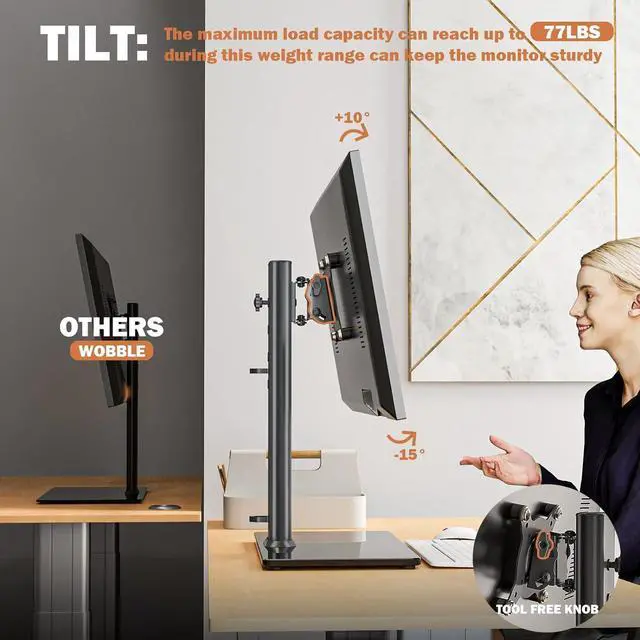 Alt view image 4 of 7 - 2 Pack Single LCD Computer Monitor Free-Standing Desk Stand Riser for 13 inch to 32 inch Screen with Swivel, Height Adjustable, Rotation, Holds One (1) Screen up to 77Lbs(HT05B-201)