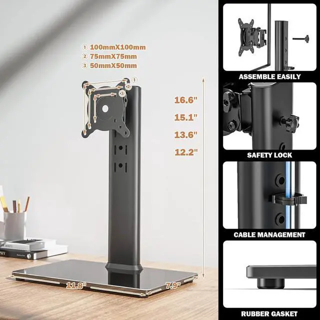 Alt view image 6 of 7 - Single LCD Computer Monitor Free-Standing Desk Stand Mount Riser for 13 inch to 32 inch screen with Swivel, Height Adjustable, Rotation, Vesa Base Stand Holds One (1) Screen up to 77Lbs(HT05B-001))