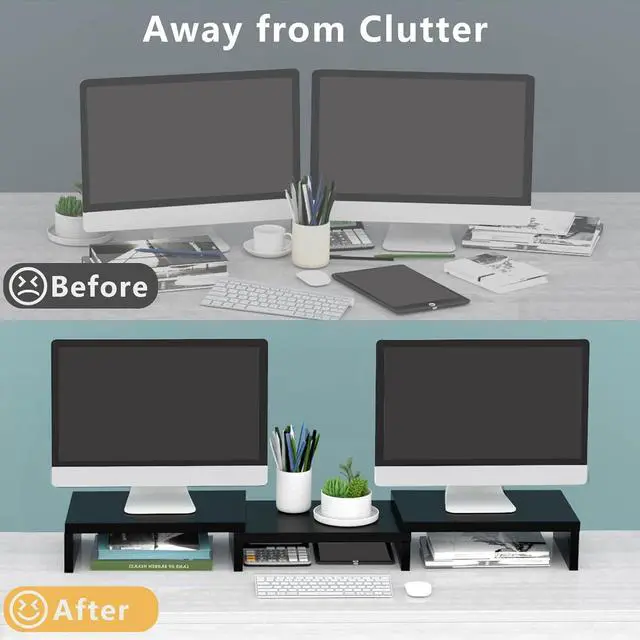 Alt view image 2 of 7 - TAVR Dual Monitor Stand Riser Office Desktop Organizer Stand for 2 Monitors, Adjustable Length and Angle 3 Shelf, Extra Long Multifunctional Stand up to 43.3" fit Computer, Laptop, TV, Black