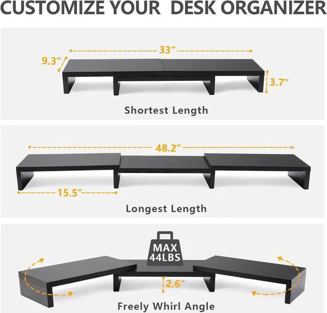 Alt view image 3 of 7 - TAVR Dual Monitor Stand Riser Office Desktop Organizer Stand for 2 Monitors, Adjustable Length and Angle 3 Shelf, Extra Long Multifunctional Stand up to 48.2" fit Computer, Laptop, TV, Black
