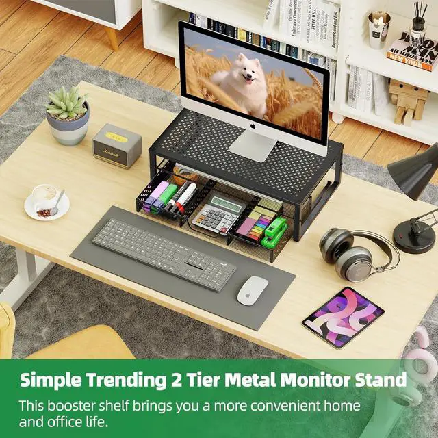 Alt view image 2 of 7 - Simple Trending Metal Monitor Stand Riser and Computer Desk Organizer with Drawer for Laptop, Computer, iMac, Black