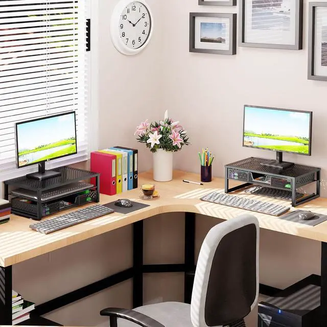 Alt view image 3 of 7 - Simple Trending Metal Monitor Stand Riser and Computer Desk Organizer with Drawer for Laptop, Computer, iMac, Black