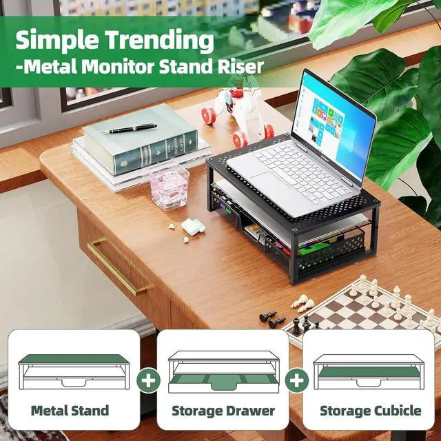 Alt view image 4 of 6 - Simple Trending 2 Pack 2 Tier Metal Monitor Riser Stand and Computer Desk Organizer with Drawer, Black