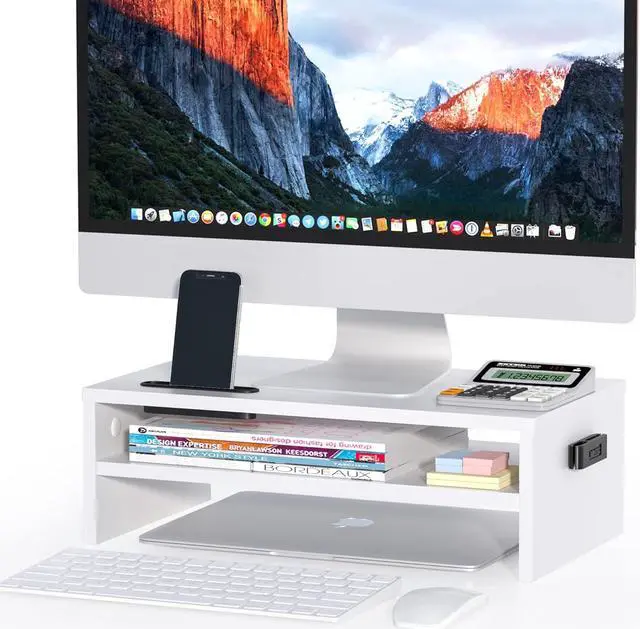Main image of BONTEC Wooden Monitor Stand Riser, 2-Tier Desk Shelf with Storage Organizer, Ergonomic Computer Stand with Cable Management, Cellphone Holder, White, 16.5 Inch