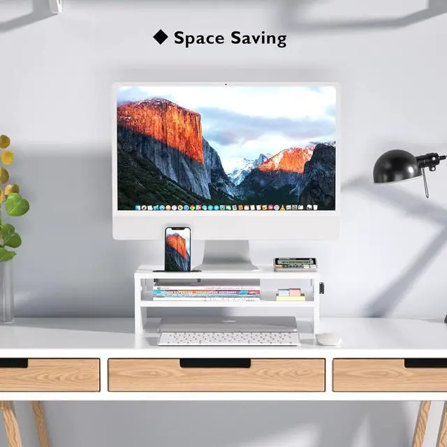 Alt view image 7 of 7 - BONTEC Wooden Monitor Stand Riser, 2-Tier Desk Shelf with Storage Organizer, Ergonomic Computer Stand with Cable Management, Cellphone Holder, White, 16.5 Inch
