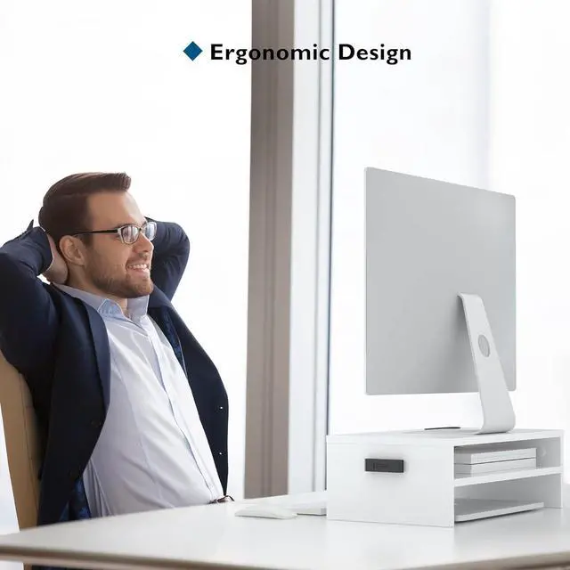 Alt view image 2 of 7 - BONTEC Wooden Monitor Stand Riser, 2-Tier Desk Shelf with Storage Organizer, Ergonomic Computer Stand with Cable Management, Cellphone Holder, White, 16.5 Inch