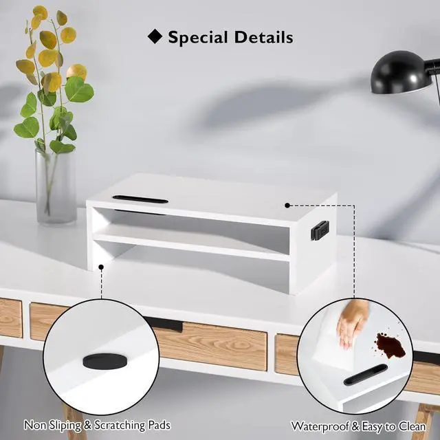 Alt view image 4 of 7 - BONTEC Wooden Monitor Stand Riser, 2-Tier Desk Shelf with Storage Organizer, Ergonomic Computer Stand with Cable Management, Cellphone Holder, White, 16.5 Inch
