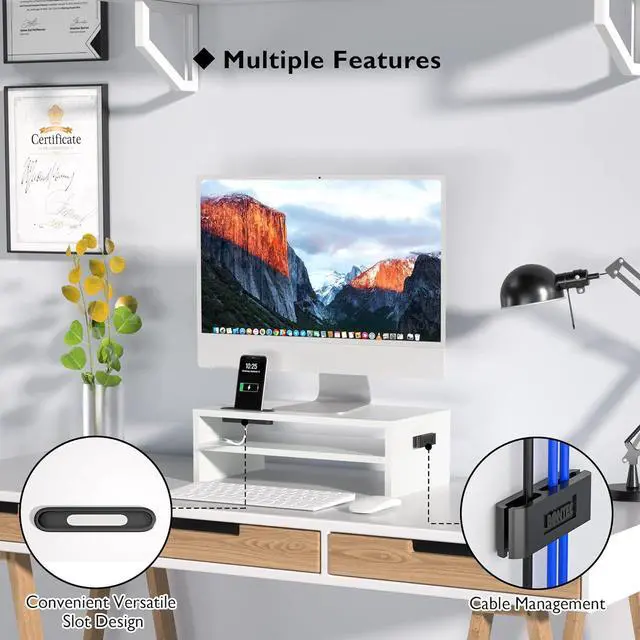 Alt view image 3 of 7 - BONTEC Wooden Monitor Stand Riser, 2-Tier Desk Shelf with Storage Organizer, Ergonomic Computer Stand with Cable Management, Cellphone Holder, White, 16.5 Inch