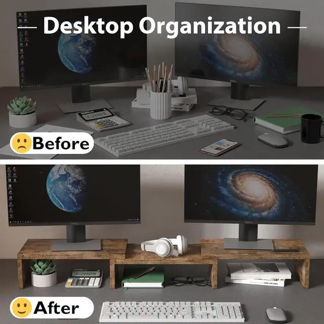 Alt view image 2 of 7 - BONTEC Dual Monitor Stand Riser with Smartphone Holder, Adjustable Length & Swivel Angle, Ergonomic Wooden Desktop Organizer for PC Monitor, Laptop, Printer, Large Storage, Rustic Brown