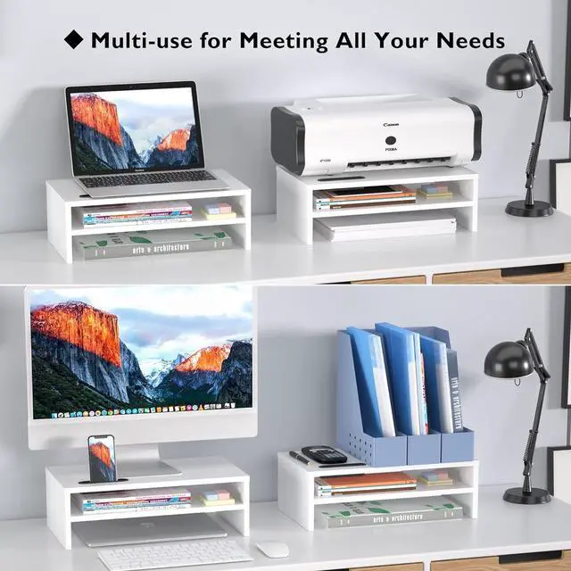 Alt view image 6 of 7 - BONTEC Wooden Monitor Stand Riser, 2-Tier Desk Shelf with Storage Organizer, Ergonomic Computer Stand with Cable Management, Cellphone Holder, White, 16.5 Inch