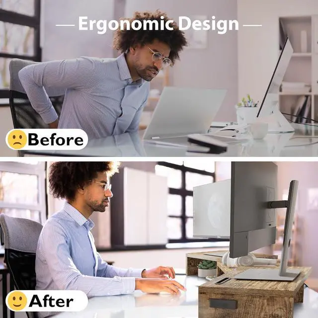 Alt view image 4 of 7 - BONTEC Dual Monitor Stand Riser with Smartphone Holder, Adjustable Length & Swivel Angle, Ergonomic Wooden Desktop Organizer for PC Monitor, Laptop, Printer, Large Storage, Rustic Brown