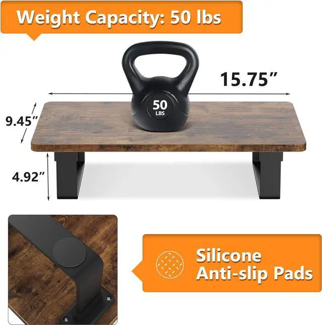 Alt view image 5 of 6 - Monitor Stand Riser with 50 LB Capacity, Stable Wood Computer Monitor Stand for Desk Organizers, Anti-slip Computer Riser Monitor Shelf for PC Laptop Notebook Printer Computer iMac, Rustic Brown