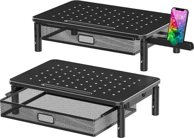 Main image of Zimilar 2 Pack Monitor Stand Riser with Metal Drawer, 3 Height Adjustable Monitor Riser with Phone Holder for Printer, Laptop, Premium Metal Computer Monitor Stand with Storage for 2 Monitors