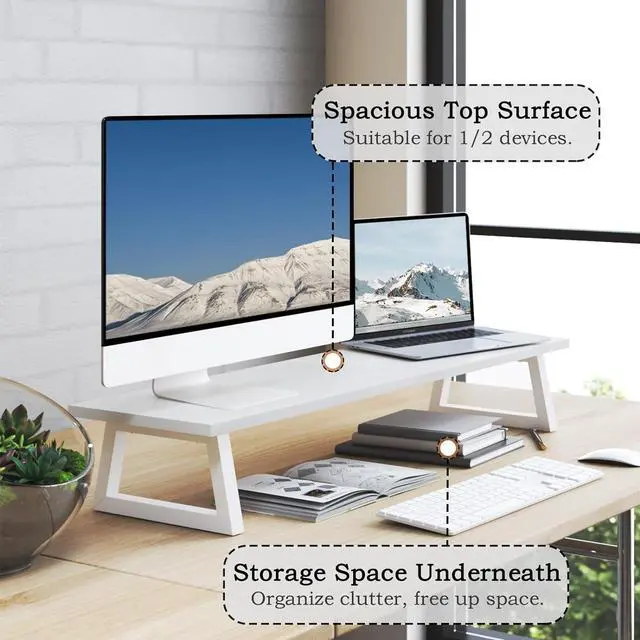 Alt view image 2 of 7 - TEAMIX White Dual Monitor Riser - 31.5 inch Wide TV Stand for 2 Monitors - Wood & Steel Desktop Riser for Dual Screen Office Desk Organization