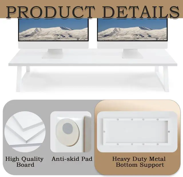 Alt view image 5 of 7 - TEAMIX White Dual Monitor Riser - 31.5 inch Wide TV Stand for 2 Monitors - Wood & Steel Desktop Riser for Dual Screen Office Desk Organization