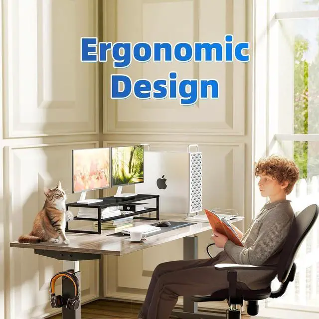 Alt view image 5 of 7 - Simple Trending 2-Tier Metal Dual Monitor Stand Riser,Computer Office Desktop Organizer for 2 Monitors With 32"x10" Mouse Pad ,for Laptop,Printer,TV,Black