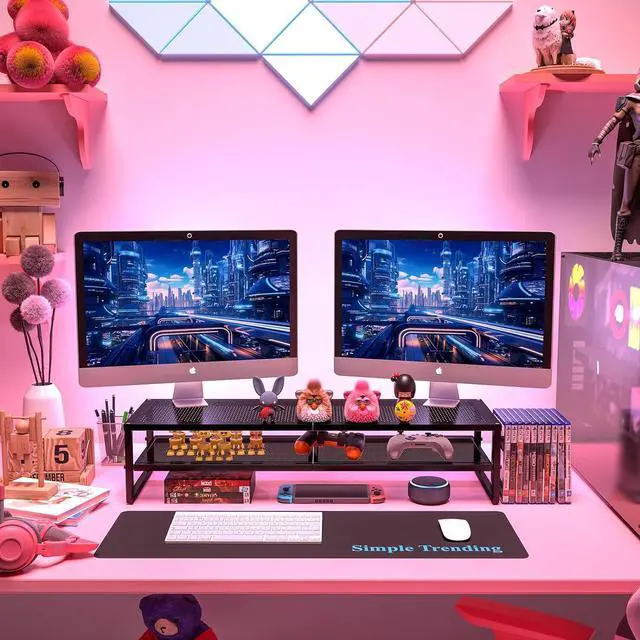 Alt view image 7 of 7 - Simple Trending 2-Tier Metal Dual Monitor Stand Riser,Computer Office Desktop Organizer for 2 Monitors With 32"x10" Mouse Pad ,for Laptop,Printer,TV,Black