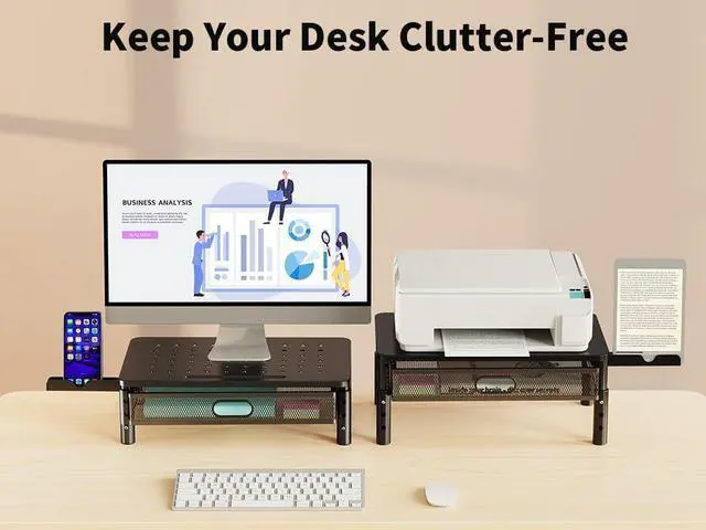 Alt view image 2 of 7 - Zimilar 2 Pack Monitor Stand Riser with Metal Drawer, 3 Height Adjustable Monitor Riser with Phone Holder for Printer, Laptop, Premium Metal Computer Monitor Stand with Storage for 2 Monitors