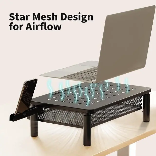 Alt view image 5 of 7 - Zimilar 2 Pack Monitor Stand Riser with Metal Drawer, 3 Height Adjustable Monitor Riser with Phone Holder for Printer, Laptop, Premium Metal Computer Monitor Stand with Storage for 2 Monitors