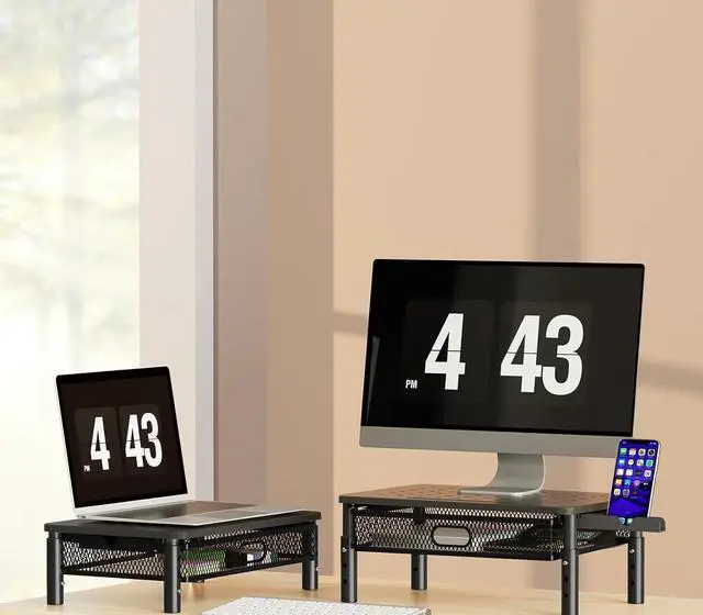 Alt view image 7 of 7 - Zimilar 2 Pack Monitor Stand Riser with Metal Drawer, 3 Height Adjustable Monitor Riser with Phone Holder for Printer, Laptop, Premium Metal Computer Monitor Stand with Storage for 2 Monitors
