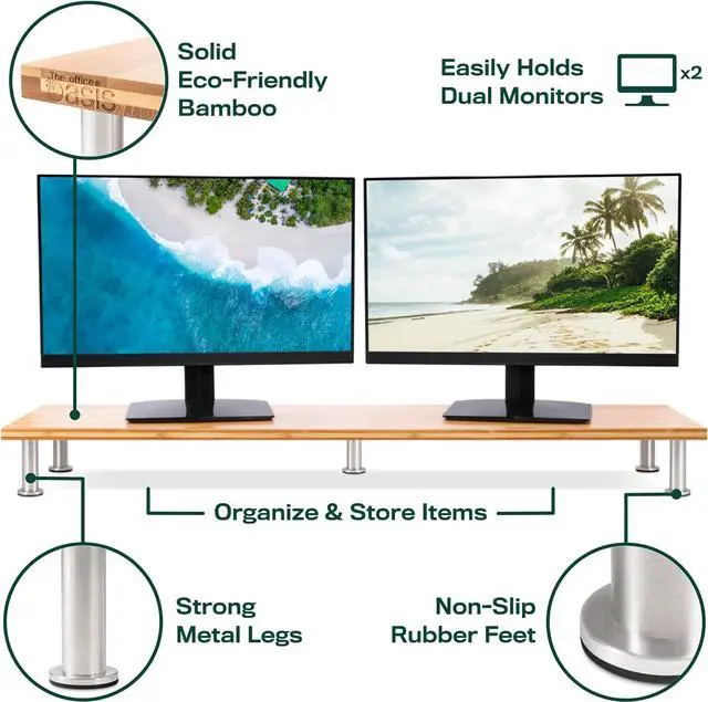 Alt view image 5 of 6 - The Original Bamboo Dual Monitor Stand (As Seen On PBS) - 42 Inch Large Monitor Riser for Computer Screens, Laptop or TV - Desk Shelf Adds Storage Space and Improves Ergonomics - Natural