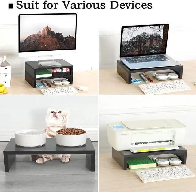 Alt view image 3 of 7 - Wood Monitor Stand Riser-2 Pack 2 Tier Adjustable Monitor Stand Dual Monitor Riser for 2 Monitors/Laptop/PC Black Computer Stand for Desk