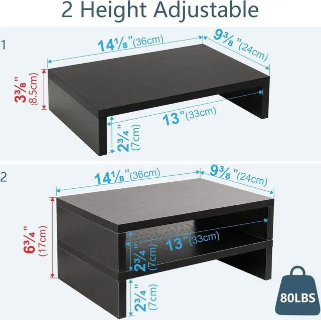 Alt view image 5 of 7 - Wood Monitor Stand Riser-2 Pack 2 Tier Adjustable Monitor Stand Dual Monitor Riser for 2 Monitors/Laptop/PC Black Computer Stand for Desk