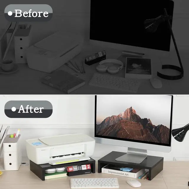 Alt view image 6 of 7 - Wood Monitor Stand Riser-2 Pack 2 Tier Adjustable Monitor Stand Dual Monitor Riser for 2 Monitors/Laptop/PC Black Computer Stand for Desk