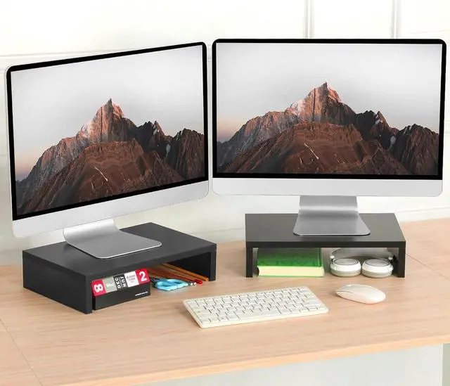 Alt view image 7 of 7 - Wood Monitor Stand Riser-2 Pack 2 Tier Adjustable Monitor Stand Dual Monitor Riser for 2 Monitors/Laptop/PC Black Computer Stand for Desk