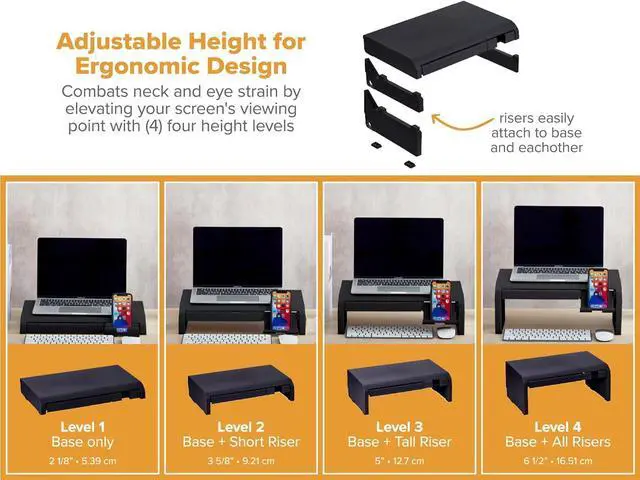 Alt view image 2 of 7 - Bostitch Konnect Adjustable Monitor Riser with Drawer & Cell Phone Holder, Laptop Stand for Desk, 4 Height Levels, Cable Management & Rubber Feet