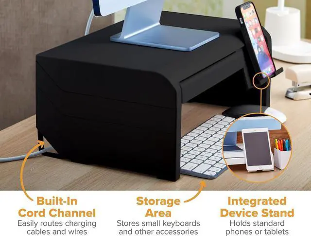 Alt view image 5 of 7 - Bostitch Konnect Adjustable Monitor Riser with Drawer & Cell Phone Holder, Laptop Stand for Desk, 4 Height Levels, Cable Management & Rubber Feet