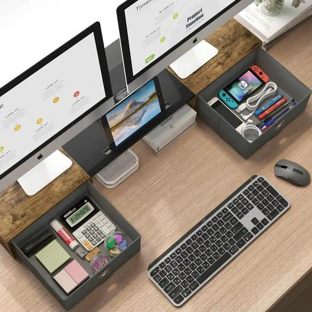 Alt view image 2 of 6 - WESTREE Dual Monitor Stand Riser with Two Drawers, Extra Large Storage for 2 Monitors, Desktop Oraganizer Computer,Laptop,Screen,Printer,TV